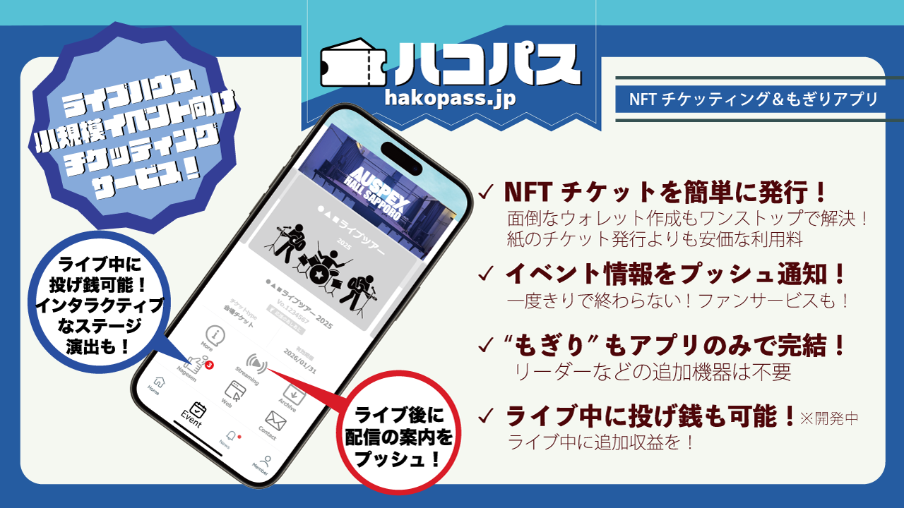 ライブハウス・小規模イベント向けチケッティングサービス。NFTチケッティング＆もぎりアプリ。NFTチケットを簡単に発行。ウォレット作成もワンストップで解決。紙より安価な利用料。イベント情報をプッシュ通知。一度きりで終わらないファンサービス。追加機器不要のアプリ完結もぎり。ライブ中の投げ銭にも対応（開発中）。
